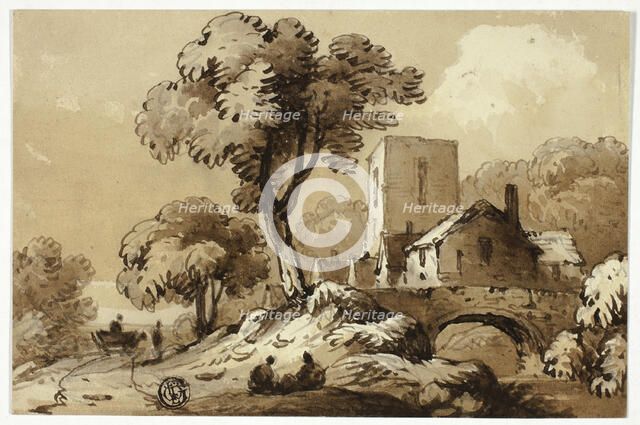 Wagon Passing Group of Houses Beside Stream, n.d. Creator: James Robertson.