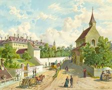 Währinger Straße in Vienna with the Zum Blauen Herrgott supply house and the Krawoten..., undated Creator: Franz Gerasch