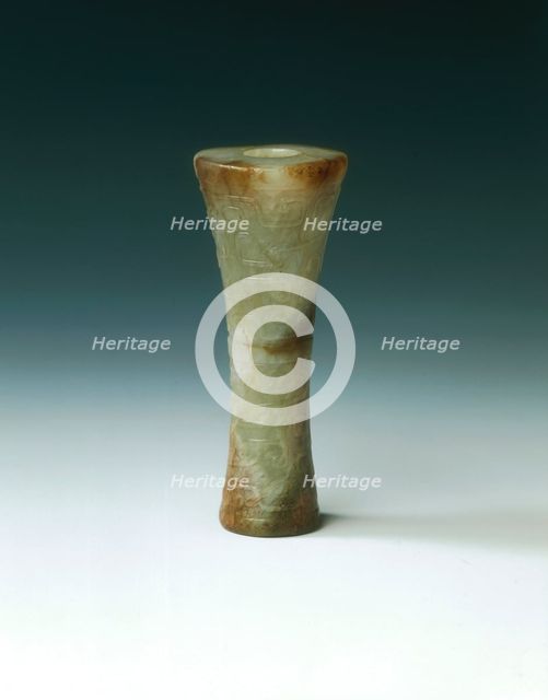 Waisted tubular jade bead with panchi decoration, Spring and Autumn period, China, 770 BC-475 BC. Artist: Unknown