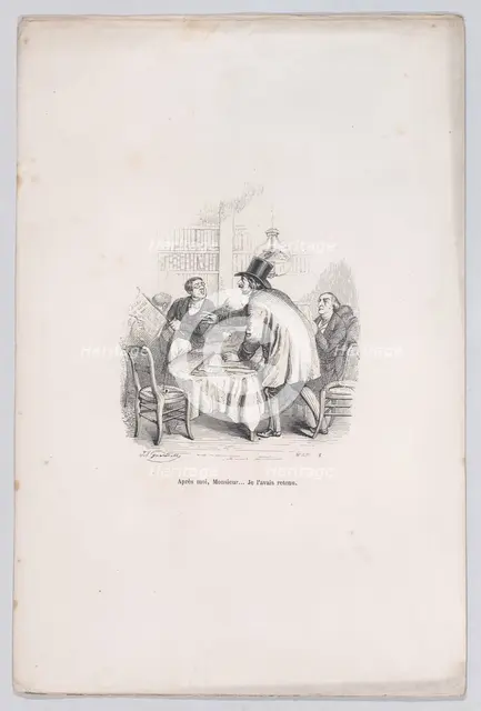 Wait your turn, Monsieur... I had that first. from the Little Miseries of Human Life, 1843. Creator: Brugnot.