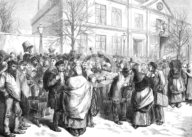 Waiting for coke at the gasworks, Barrière d'Italie, Paris, (sketch by balloon post), 1871. Creator: Unknown.