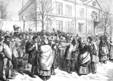 Waiting for coke at the gasworks, Barrière d'Italie, Paris, (sketch by balloon post), 1871. Creator: Unknown