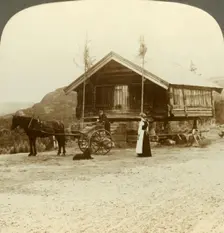 Waiting for passengers on the road near Bolkesjo, Norway c1905. Creator: Unknown