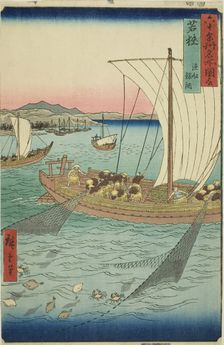 Wakasa Province: Fishing Boat Netting Flatfish (Wakasa, gyosen karei ami), from the series..., 1853. Creator: Ando Hiroshige