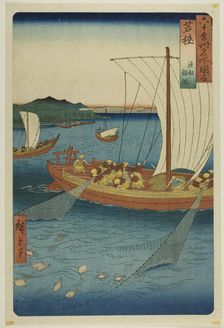 Wakasa Province: Fishing Boat Netting Flatfish (Wakasa, gyosen karei ami), from the series..., 1853. Creator: Ando Hiroshige