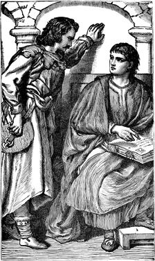 Waldenses missionary/troubador showing his vernacular Bible, c1170