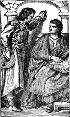 Waldenses missionary/troubador showing his vernacular Bible, c1170