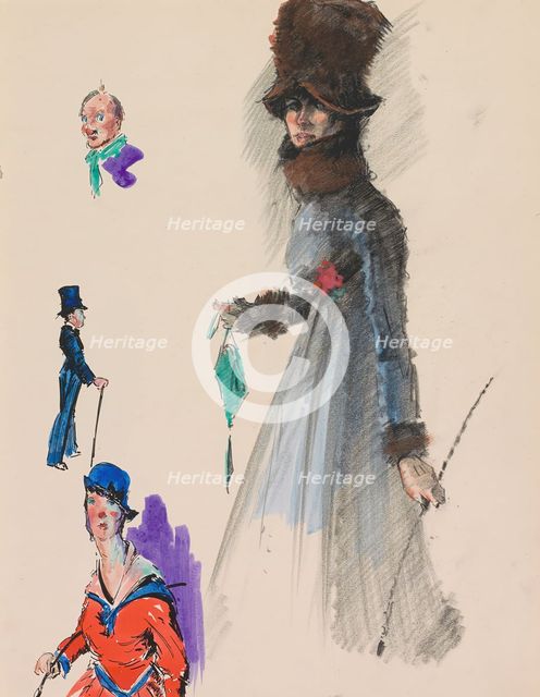 Walking woman in a fur-trimmed cloak with a fur hat, c.1917-c.1919. Creator: Otto Verhagen.