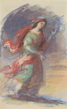 Walking young woman, in colourful, fluttering robes, against a dark background, 1818-1880. Creator: Eduard von Heuss