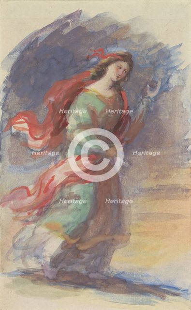 Walking young woman, in colourful, fluttering robes, against a dark background, 1818-1880. Creator: Eduard von Heuss.