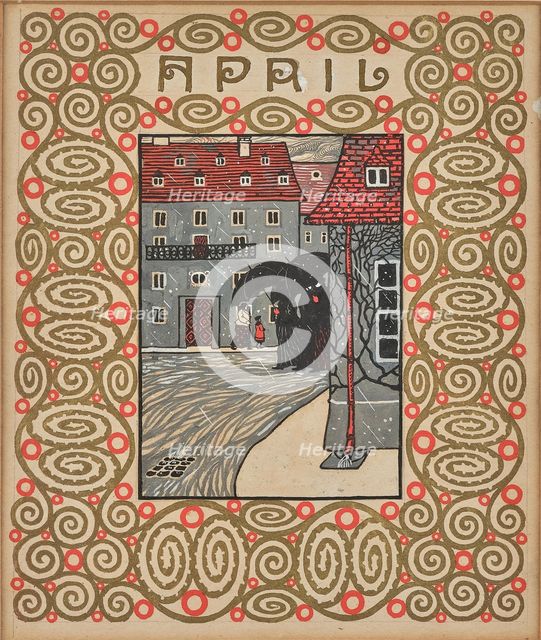 Walk in the rain. Monthly newsletter: April. Creator: Krenek, Carl (1880-1949).