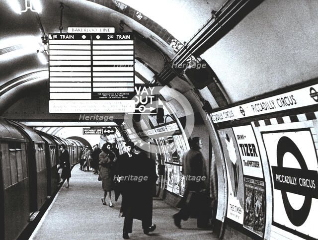 Walk in Picadilly Circus Station, London Underground Railroad, 1950.