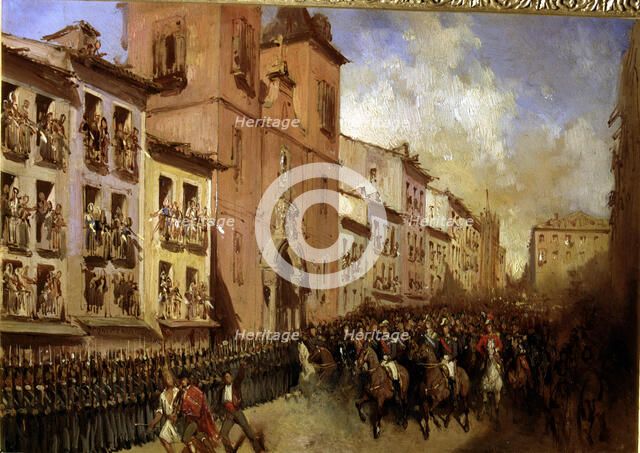  'Walk of the Dukes of Montpensier by Montera street of Madrid' oil on canvas by Pharamond Blanch…