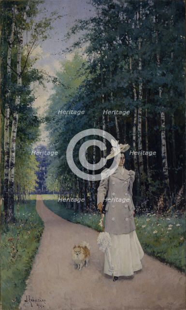 Walk. Portrait of Countess Leokadia Shirinskaya-Shikhmatova, 1894. Artist: Kivshenko, Alexei Danilovich (1851-1895)