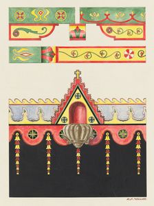Wall and Ceiling Decorations, and Holy Water Font; Restoration Drawing, 1936. Creator: Randolph F Miller