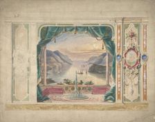 Wall Design with a Trompe l'Oeil Balcony Overlooking a Mountainous Harbor, 19th century. Creator: Anon