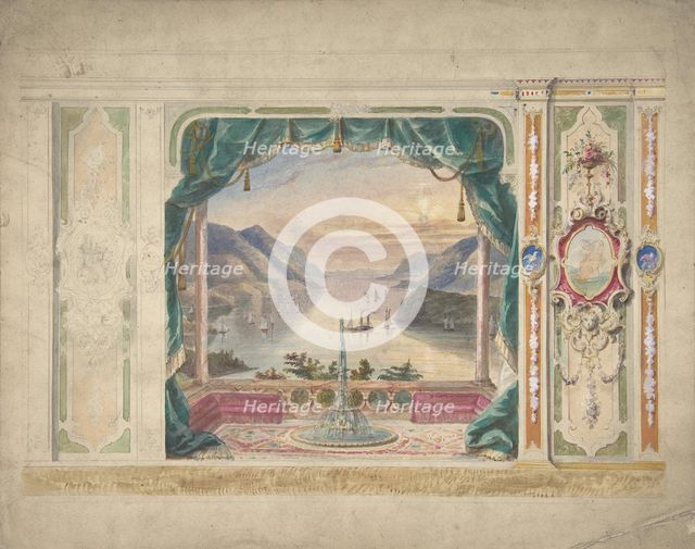 Wall Design with a Trompe l'Oeil Balcony Overlooking a Mountainous Harbor, 19th century. Creator: Anon.