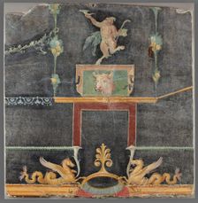 Wall Fragment with Dancing Satyr, Hippocamps, and other Decorative Motifs on Black Ground, AD 50-79. Creator: Unknown