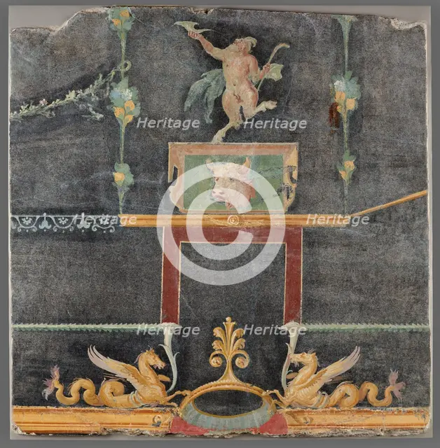 Wall Fragment with Dancing Satyr, Hippocamps, and other Decorative Motifs on Black Ground, AD 50-79. Creator: Unknown.