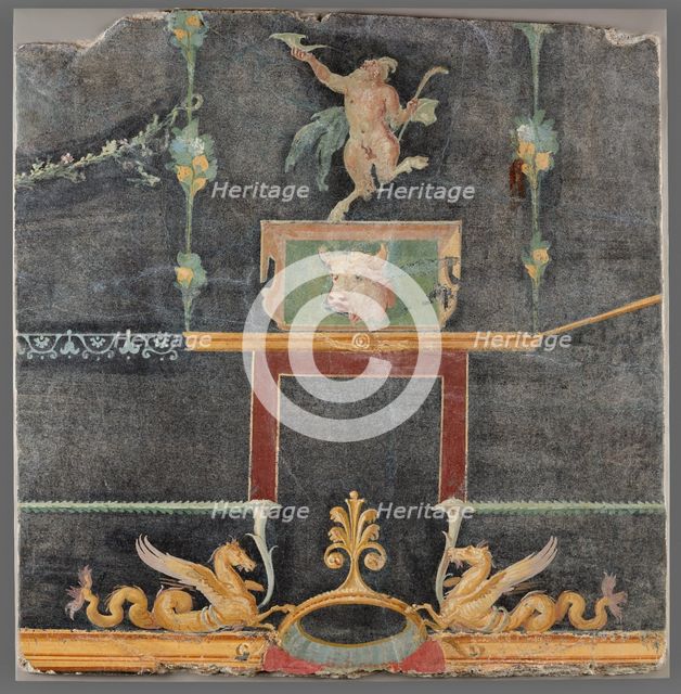 Wall Fragment with Dancing Satyr, Hippocamps, and other Decorative Motifs on Black Ground, AD 50-79. Creator: Unknown.
