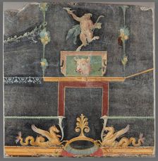 Wall Fragment with Dancing Satyr, Hippocamps, and other Decorative Motifs on Black Ground, AD 50-79. Creator: Unknown