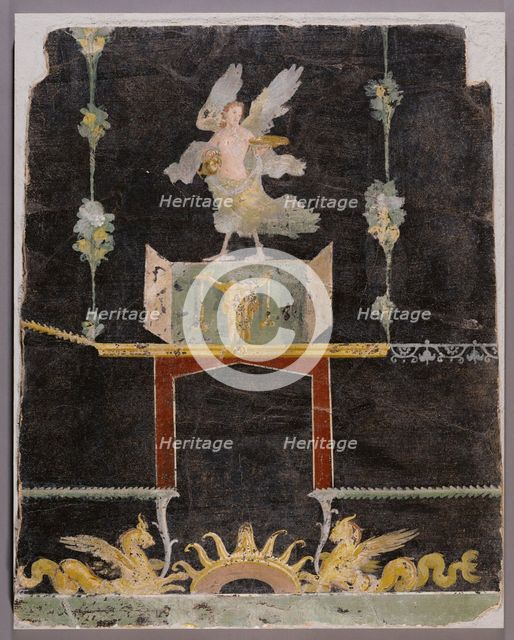 Wall fragment with Siren, Sea Monsters and Niche on Black Ground, A.D. 50-79. Creator: Unknown.