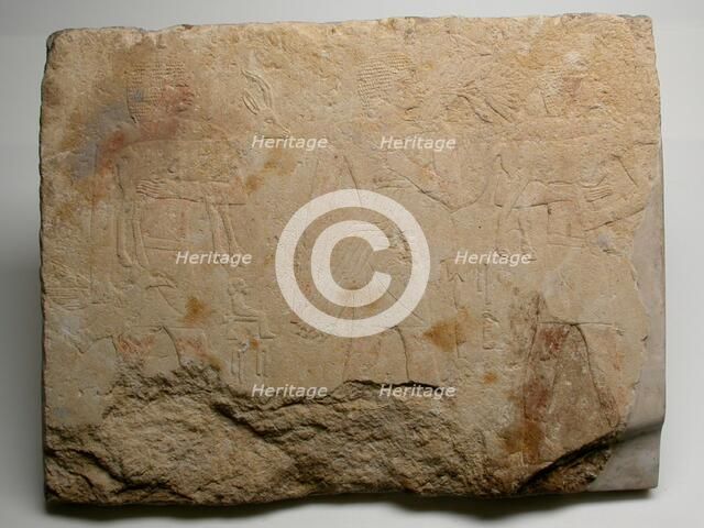 Wall Fragment from a Tomb Depicting Three Offering Bearers, Egypt, Old Kingdom, Dynasty 5... Creator: Unknown.