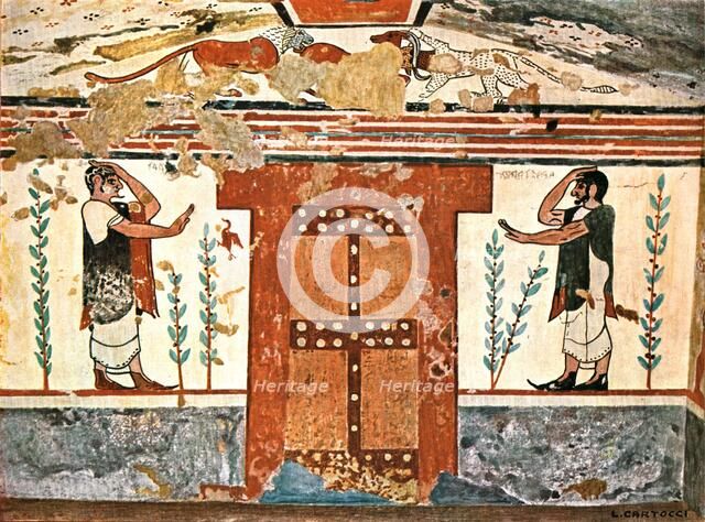 Wall in the Tomb of the Augurs (Tomba degli Auguri) at Tarquinia, Italy, (1928). Creator: Unknown.