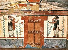 Wall in the Tomb of the Augurs (Tomba degli Auguri) at Tarquinia, Italy, (1928). Creator: Unknown
