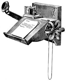 Wall-mounted Edison carbon telephone with pony-crown receiver, New York, 1879