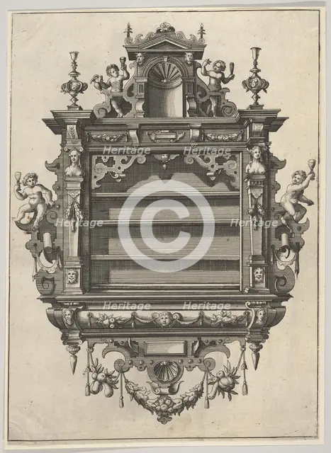 Wall-mounted Shelf Unit from 'Verscheyden Schrynwerck (...)' ['Plusieurs Menuiseries (...)'], 1658. Creator: Paul Vredeman de Vries.
