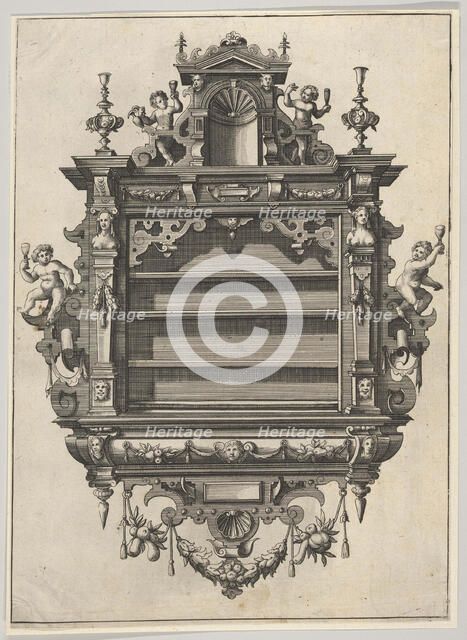 Wall-mounted Shelf Unit from 'Verscheyden Schrynwerck (...)' ['Plusieurs Menuiseries (...)'], 1658. Creator: Paul Vredeman de Vries.