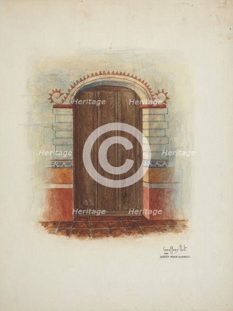 Wall Painting and Door (Interior), 1937. Creators: Geoffrey Holt, Harry Mann Waddell.