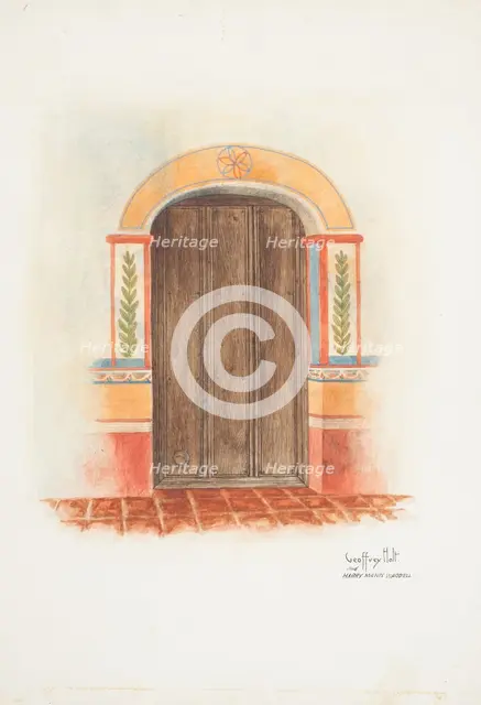 Wall Painting and Door (Interior), 1937. Creators: Geoffrey Holt, Harry Mann Waddell.