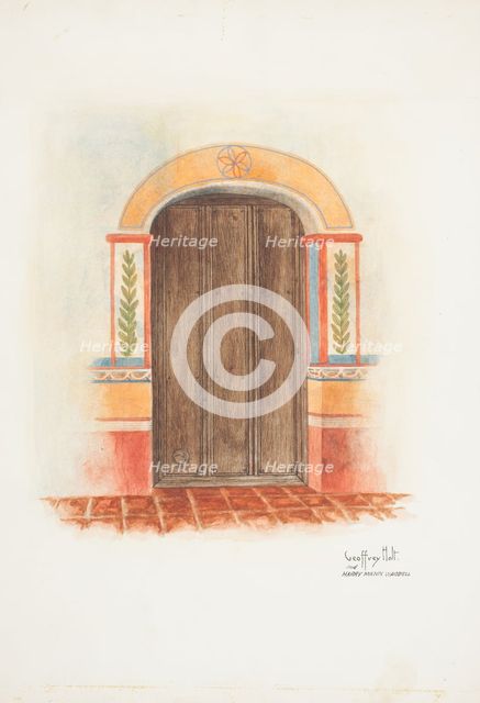 Wall Painting and Door (Interior), 1937. Creators: Geoffrey Holt, Harry Mann Waddell.