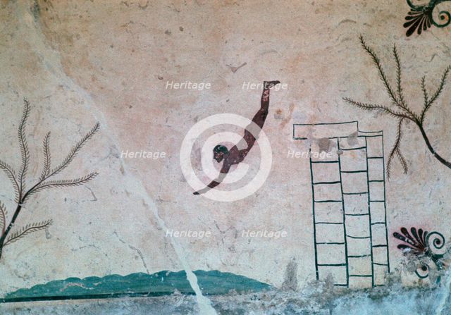 Wall painting from a Greek tomb at Paestum of a swimmer, 8th century. Artist: Unknown