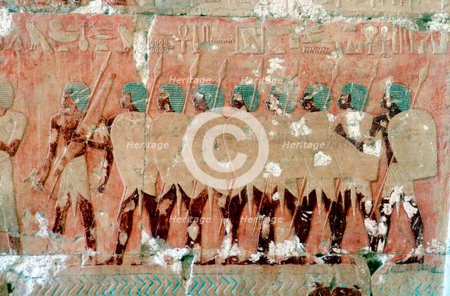 Wall painting of Egyptian soldiers on the expedition, Temple of Queen Hatshepsut, Luxor, c1470 BC. Artist: Unknown