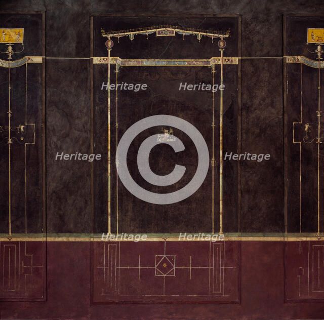 Wall painting on black ground: Aedicula with small landscape, from the imperial..., 1st century B.C. Creator: Unknown.