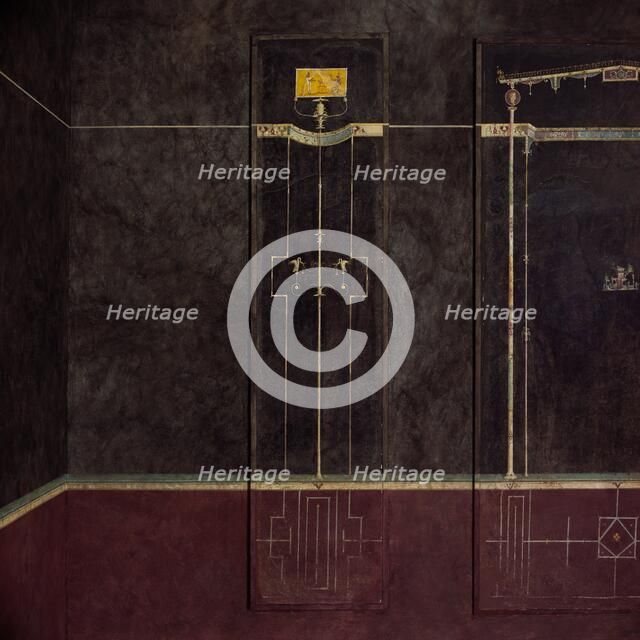 Wall painting on black ground: Egyptianizing scene and pair of swans..., 1st century B.C. Creator: Unknown.