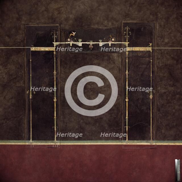 Wall painting on black ground: supports with entrablature, from the imperial villa..., 1st cent B.C. Creator: Unknown.