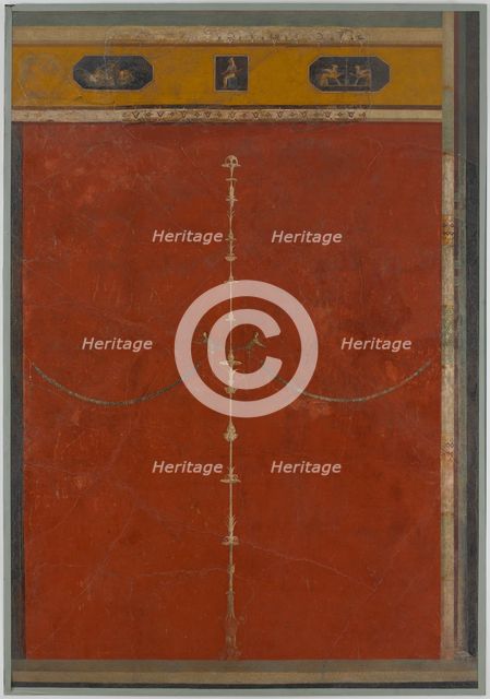 Wall painting on red ground: candelabrum with frieze, from the imperial villa..., 1st century B.C. Creator: Unknown.
