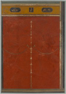 Wall painting on red ground: candelabrum with frieze, from the imperial villa..., 1st century B.C. Creator: Unknown