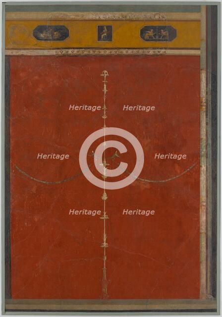 Wall painting on red ground: candelabrum with frieze, from the imperial villa..., 1st century B.C. Creator: Unknown.