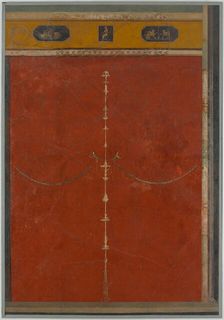 Wall painting on red ground: candelabrum with frieze, from the imperial villa..., 1st century B.C. Creator: Unknown