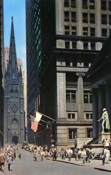 Wall Street, centre of the financial district, New York City, New York, USA, 1956
