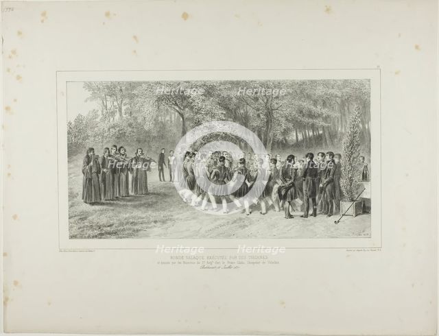 Wallachian Round, Performed by the Tsiganes and Danced by the Second Regiment Musicians at..., 1839. Creator: Auguste Raffet.