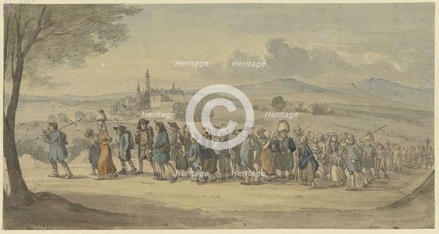 Walldürer's pilgrims passing by the town of Höchst am Main, (1830?). Creator: Jakob Dielmann.