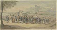 Walldürer's pilgrims passing by the town of Höchst am Main, (1830?). Creator: Jakob Dielmann