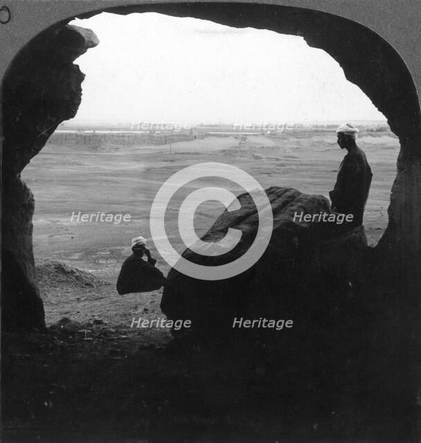 'Walled city of El Kab, seen from a door of a tomb in the cliffs, Egypt', 1905.Artist: Underwood & Underwood
