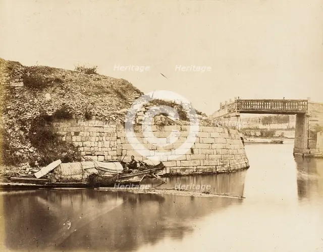 Walled River with Bridge and Houseboats, 1860. Creator: Felice Beato.